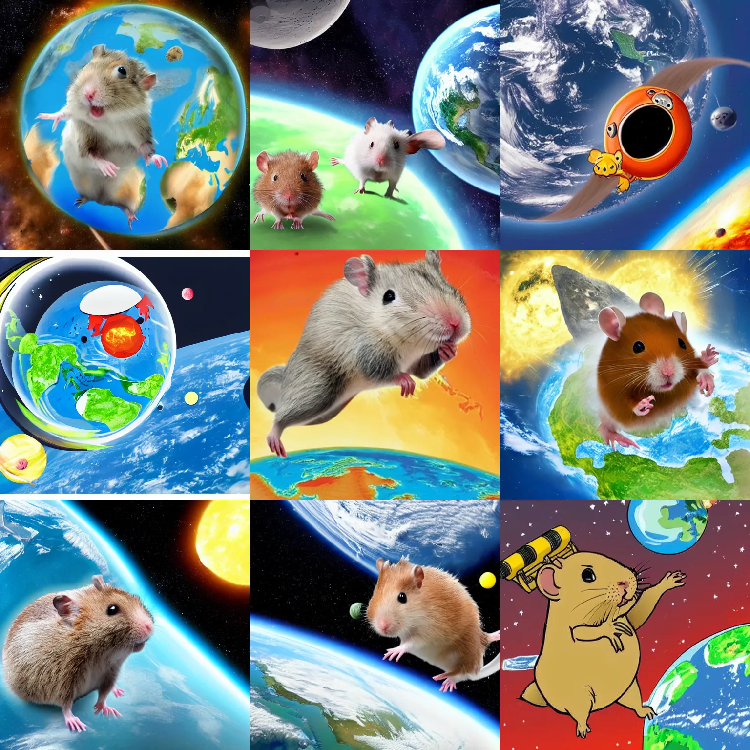 Prompt: a giant aggressive anthropomorphic space hamster attacking planet earth from space