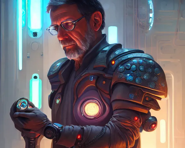 Image similar to mariano rajoy with cyberpunk implants, deep focus, d & d, fantasy, intricate, elegant, highly detailed, digital painting, artstation, concept art, matte, sharp focus, illustration, hearthstone, art by artgerm and greg rutkowski and alphonse mucha