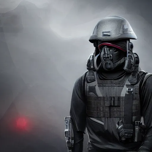 Prompt: futuristic insurgent wearing black helmet black glossy visor, brown cloak, technical vest, and a grey backpack, photorealistic, digital art , red tint, spotlight