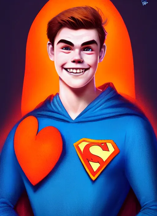 Image similar to friendly teenage archie andrews wearing an orange superhero costume with heart logo, heart, freckles, blue cape, heart emblem on chest, blue cape, intricate, elegant, glowing lights, highly detailed, digital painting, artstation, sharp focus, illustration, art by wlop, mars ravelo and greg rutkowski