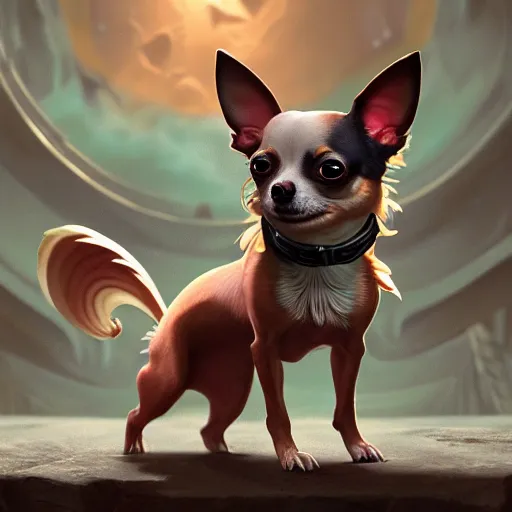 Prompt: a transcendent chihuahua with three eyes living in an extradimensional reality, in the style of wlop, illustration, epic, fantasy, hyper detailed, smooth, unreal engine, sharp focus, ray tracing, physically based rendering, renderman, beautiful