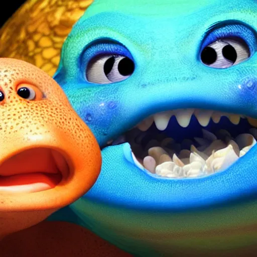 Image similar to smiling baby fish aquatic dinosaurs with glowing blue phosphorescent textures throughout their skin. rendered by pixar.