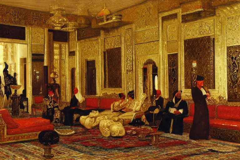 Image similar to The Sultan Entertains his Guests in an Opulent Arabian Salon, art by Rudolf Ernst and Osman Hamdy Bey and Jean-Léon Gérôme