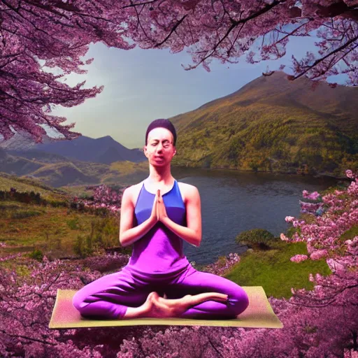 Image similar to a monk practicing yoga in front of a tibetean monastery on top of a mountain, under a cherry blossom tree, steampunk, detailed digital art