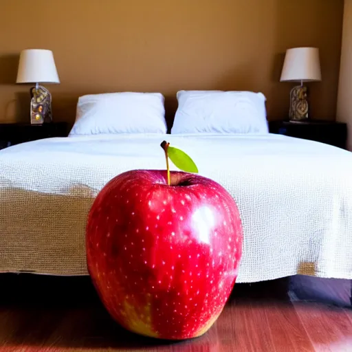 Prompt: a giant apple on a bed in a 60's bedroom