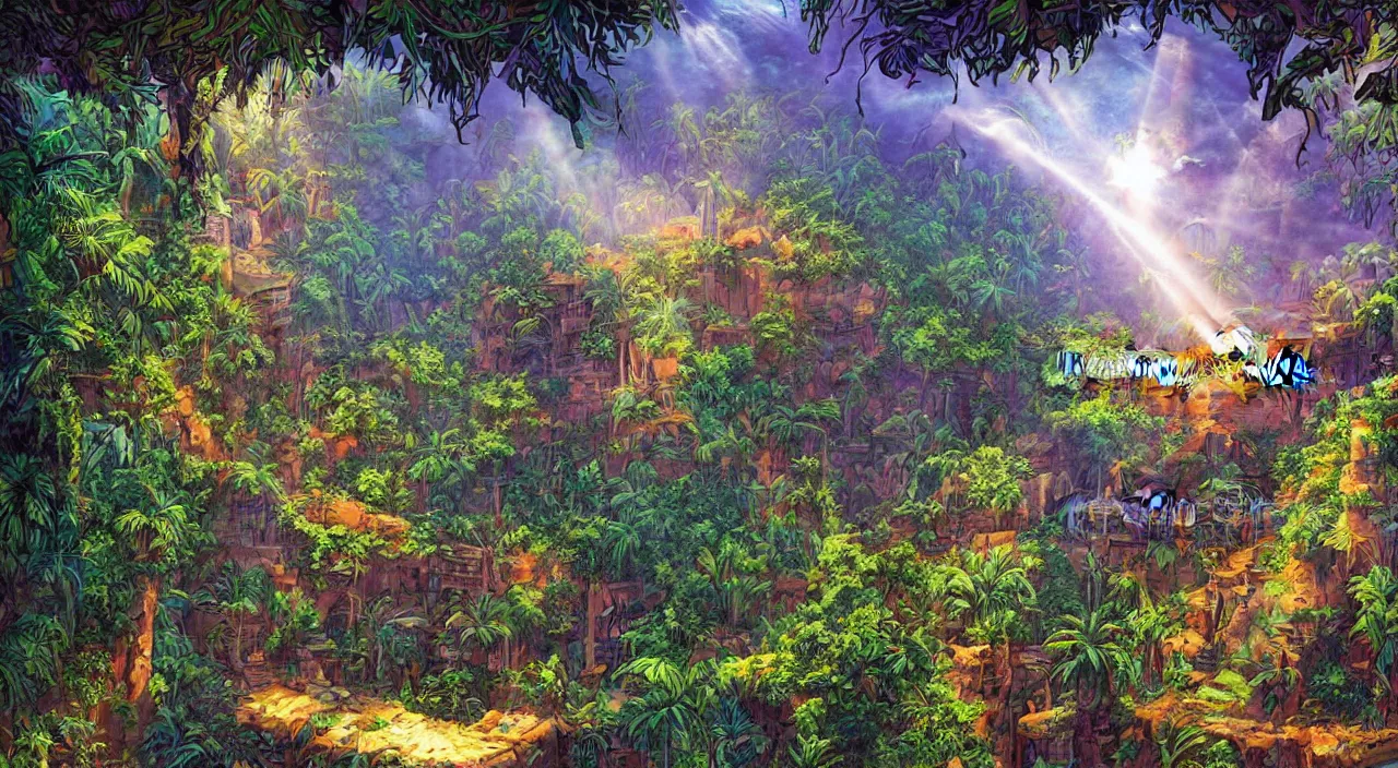 Image similar to zouk fabric jungle dirt wall fortress a spectacular view cinematic rays of sunlight comic book illustration, by john kirby