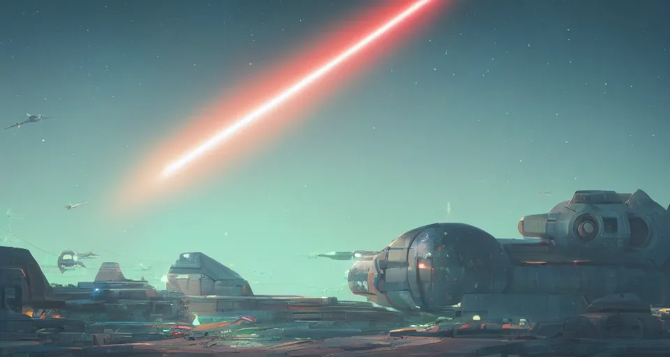 Image similar to GIANT suborbital laser satellite shooting a beam at the ground, neon, cinematic, rendered by Beeple, Makoto Shinkai, syd meade, simon stålenhag, star wars, inspired by Gundam, environment concept, digital art, unreal engine, 3 point perspective, WLOP, trending on artstation, low level, 4K UHD image, octane render,