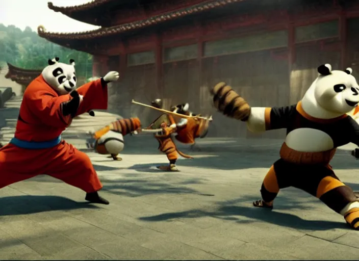 Prompt: film still of Shaolin cats fighting in the new Kungfu Panda movie, 4k