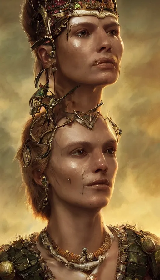 Image similar to epic masterpiece portrait of a queen with a goblet, on the battlefield, tribe makeup and jewelry, sweaty skin, hyperrealistic, octane render, cinematic, followed by heads with many faces, beautiful face and flawless skin, perfect hands, emeralds by Edgar Maxence and Ross Tran and Michael Whelan, Legends of Runeterra