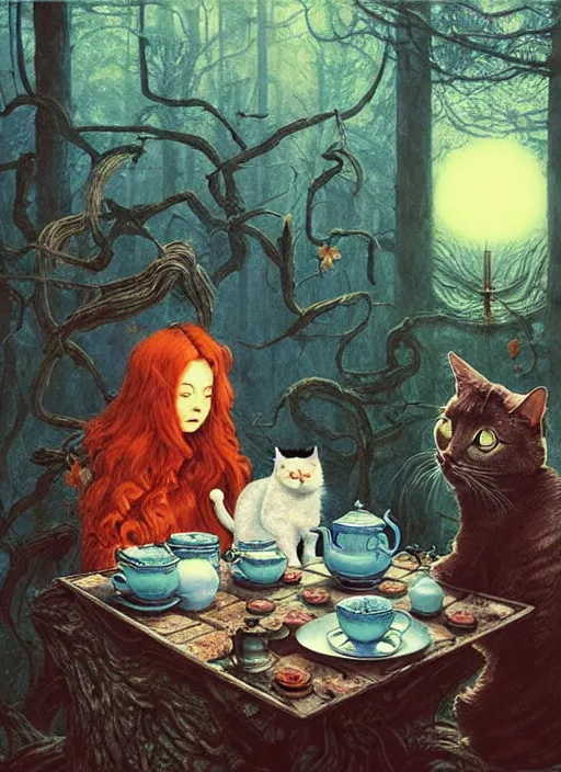 Image similar to cat having tea with a sorceress at a shrine in the woods gorgeous lighting, lush forest foliage blue sky a hyper realistic painting by chiara bautista and beksinski and norman rockwell and greg rutkowski weta studio, and lucasfilm