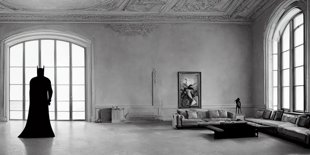 Image similar to Batman standing in a giant Italian modern castle living room, clean minimalist design, that is 1300 feet tall, with very tall giant walls filled with modern art paintings, doors that are cosmic portals, photo by Annie Leibovitz