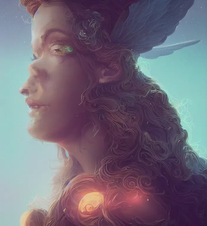 Image similar to centered waist up portrait photography an angel + bokeh + DOF + 8k, photorealistic + rendered in octane + illustration by Peter Mohrbacher, line work by Dan Mumford