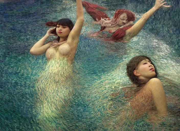 Image similar to people underwater figures, flowing cloth, in the style of matt murphy, enes dirig, jeremy enecio, intricate, miles johnston, monet, cynical realism, john william godward, painterly, yoshitaka amano, miles johnston, louise zhang, matt murphy, enes dirig, pekka halonen, finnish naturalism, realism