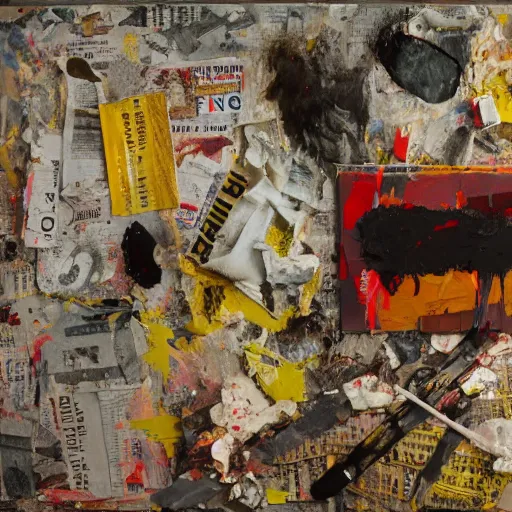 Prompt: hyperrealistic, photorealistic, mixed media oil painting of david lynch, magazine scraps, plaster, blood, oil, mustard, cigarettes, splatter, greg rutkowski, basquiat, ralph steadman, terry gilliam