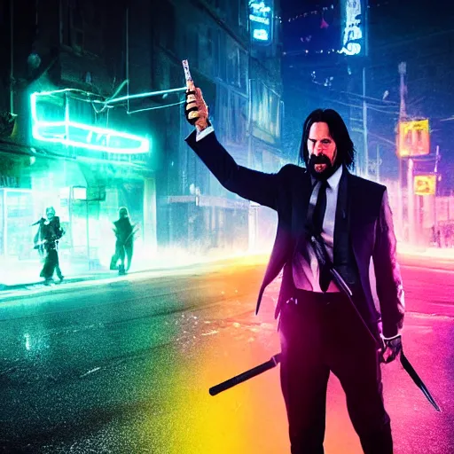 Image similar to Keanu Reaves riding a unicorn thought a HDR neon lit alley, a still shot from John Wick 2, holding a gin, arm outsreched, shooting at character dressed as Luigi from Mario, epic fantasy style, digital art, 8k high defition