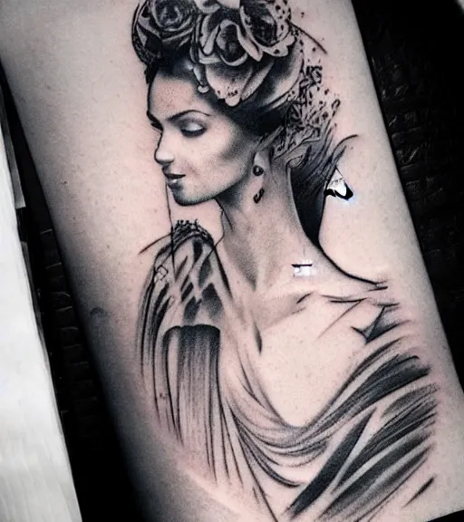 Prompt: tattoo design sketch of an extremely beautiful woman with a background of beautiful mountains on her side, hyper - realistic, double exposure effect, in the style of den yakovlev, amazing detail, black and white, faded