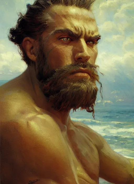 Prompt: detailed cinematic wide shot of muscular attractive young aztecc man beard slim face symmetrical face tanskin green eyes white hair wearing sea clothes, ultra realistic, spring light, painting by gaston bussiere, craig mullins, j. c. leyendecker