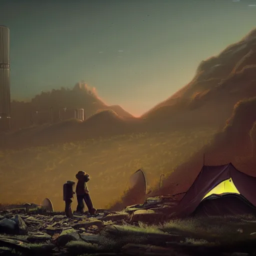 Image similar to highly detailed landscape with two boys camping with nuclear plant in the background 1 9 8 0 s science fiction, 1 9 7 0 s science fiction, cyberpunk, moody, misty, depth perception, 4 k, artstation