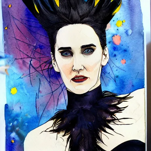 Image similar to detailed colorful watercolor of jennifer connelly as odile the black swan, disney villain, black feathers instead of hair, black feathers growing out of skin, shapeshifting, black feathers growing out of face, floating in zero gravity on spacecraft, science fiction, highly detailed, comic book cover, mike mignogna, david mack, trending on artstation