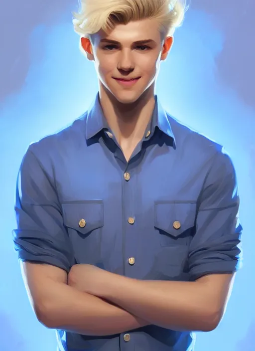 Prompt: portrait of young kevin keller with blonde hair, blonde hair, blue eyes, defined jawline, slight friendly smile, button up shirt, intricate, elegant, glowing lights, highly detailed, digital painting, artstation, concept art, smooth, sharp focus, illustration, art by wlop, mars ravelo and greg rutkowski