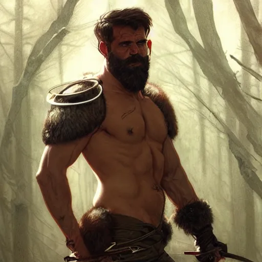 Image similar to Rugged ranger, bleeding, masculine, furs, tanned leather, forest, man, D&D, muscular thighs, fantasy, intricate, elegant, highly detailed, digital painting, artstation, concept art, smooth, sharp focus, illustration, art by artgerm and greg rutkowski and alphonse mucha