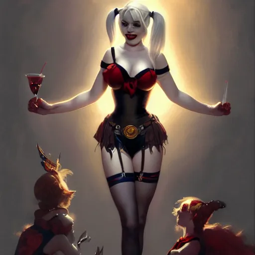 Prompt: of Harley Quinn, dark fantasy, medium shot, intricate, ornate, elegant, highly detailed, digital painting, volumetric light, artstation, concept art, smooth, sharp focus, illustration, art by Gil elvgren and charlie bowater and greg rutkowski and alphonse mucha