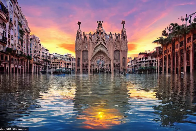 Prompt: touristic ads to visit a catastrophic barcelona, buildings covered with high water, floating cars, sunset lighting, photo real