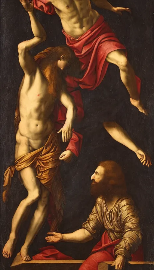 Image similar to two men in love seperated by a deity, on one side is light on the other is darkness, renaissance style