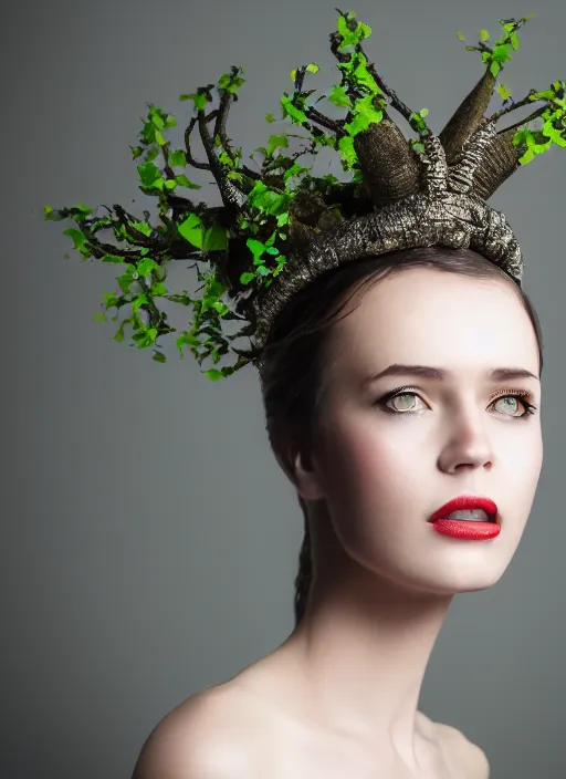 Image similar to a photo of a female model, orgnic headpiece, vines, horn, moss, fashion photography, realistic, hyperdetails, dark grey backdrop studio