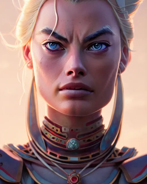 Image similar to azctec warrior, margot robbie, detailed perfect face, exquisite details, fire magic, mid view, design on a white background, by studio muti, greg rutkowski makoto shinkai takashi takeuchi studio ghibli