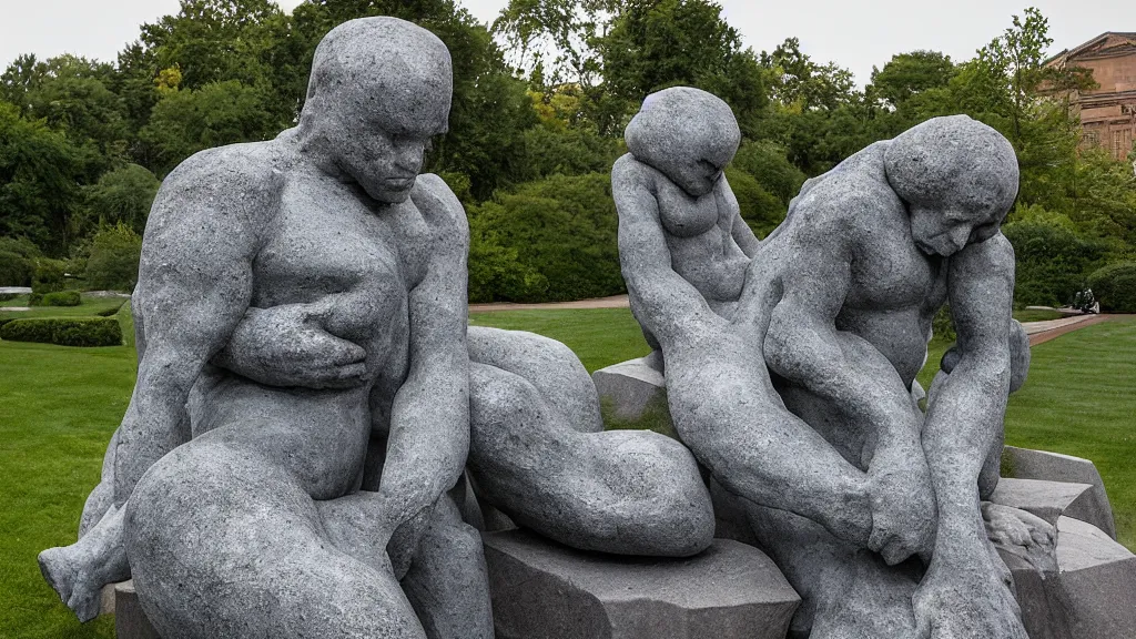 Prompt: granite sculpture garden by louise bourgeois and michelangelo, twilight, enormous creatures augment my desire, 0