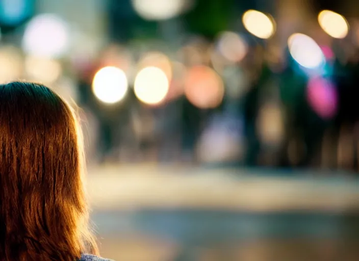 Image similar to a 2 8 mm macro photo from the back of a woman watching a parade, splash art, movie still, bokeh, canon 5 0 mm, cinematic lighting, dramatic, film, photography, golden hour, depth of field, award - winning, anamorphic lens flare, 8 k, hyper detailed, 3 5 mm film grain