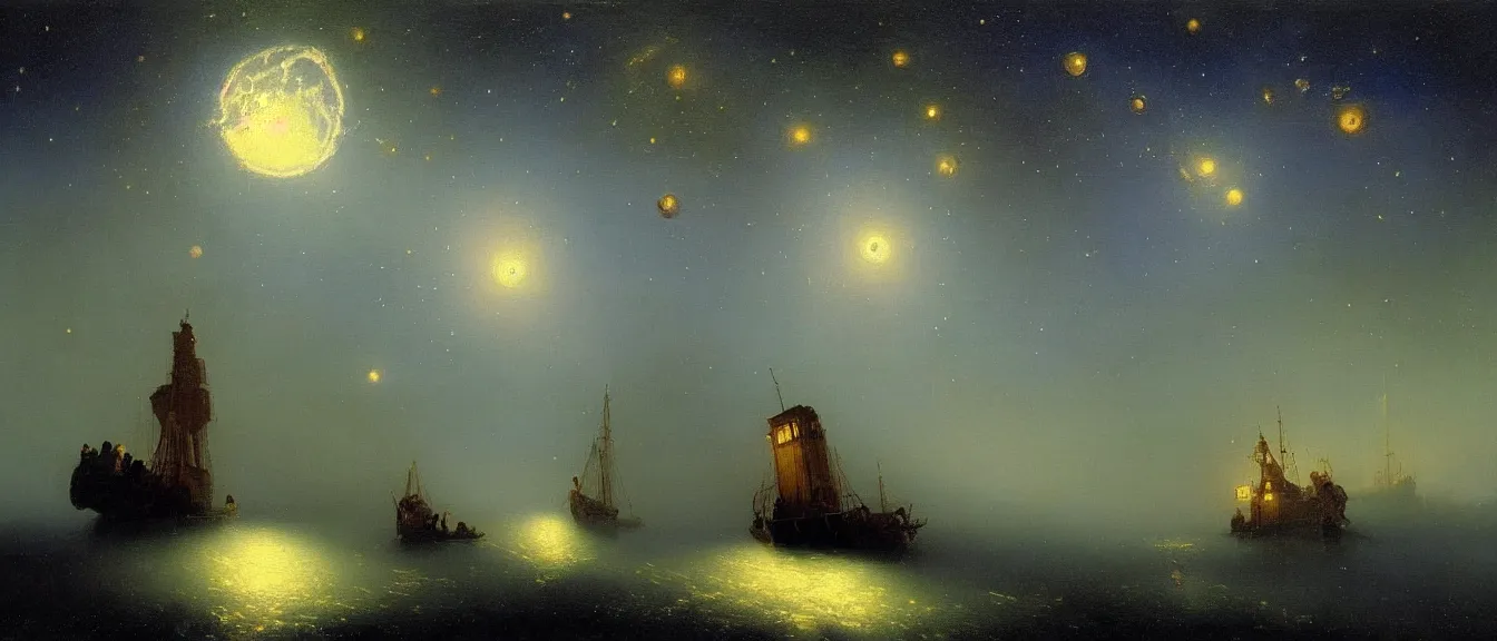 Image similar to A beautiful painting of TARDIS flying in night in. milky way with one moon and star light by Ivan Konstantinovich Aivazovsky