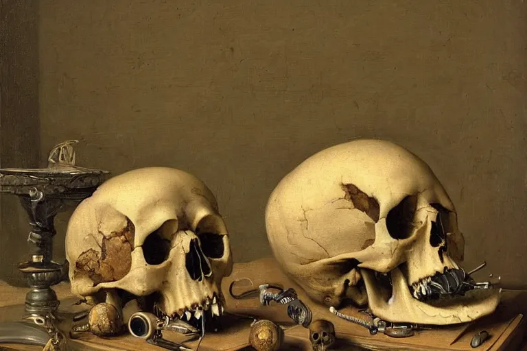 Prompt: a vanitas painting from the 21st century by clara peeters with a skull but also all the electronical gadgets of modern times, cables, wires