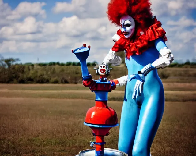 Image similar to beautiful clown girl robot alien standing on a water tank