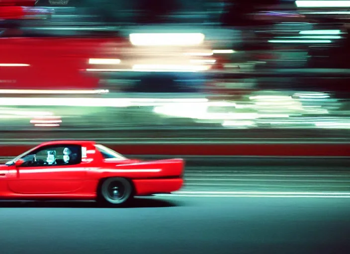 Prompt: fd rx - 7 1 9 9 9 candy - apple - red racing down highway, night - time, japan film photo motion blur front side view ( ( ( ( wadim kashin wenjun lin ) ) ) )