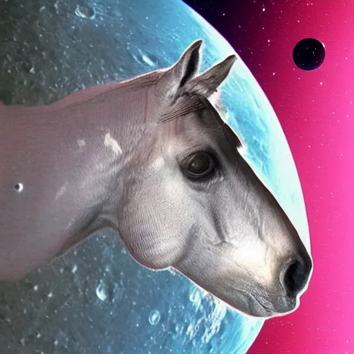 Prompt: “ a lathe dappled gray arabian horse riding on nasa astronaut back in a pink space suit on the moon ”