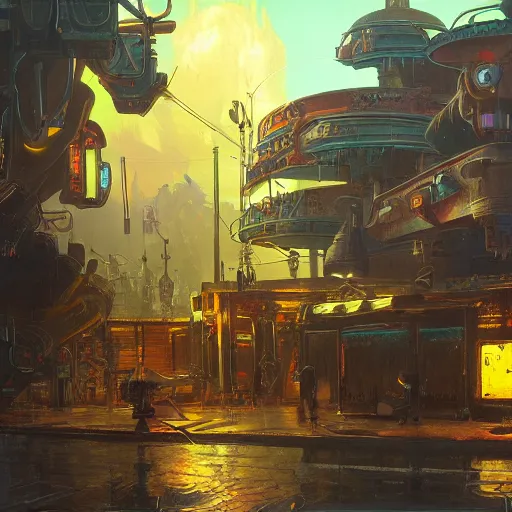 Prompt: painting of syd mead artlilery scifi fish tank with ornate metal work lands on a sidewalk, volumetric lights, simon stalenhag, andreas achenbach