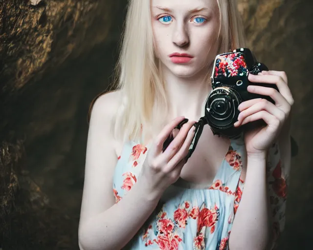 Image similar to pale young woman with bright blonde hair, freckles, blue eyes and a wide face, flowery dress, she is holding a professional dslr camera close to her face, dramatic lighting, bright flare, surreal art by anna nikonova