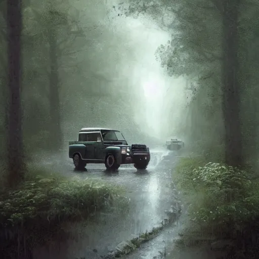 Image similar to a landrover crossing a forest path while its raining, digital art, artstation, photgraphy, highly detailed, digital painting, artstation, concept art, sharp focus, illustration, art by greg rutkowski and artgerm