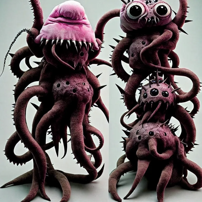 Prompt: photo of cute plush fluffy chibi monster with spikes, tentacles, and many eyes. made by giger, wayne barlowe, dariusz zawadzki, zdzislaw beksinski