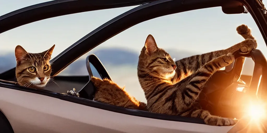 Image similar to side view of convertible, cat homies chilling in car, paws on steering wheel, golden hour, clear sky