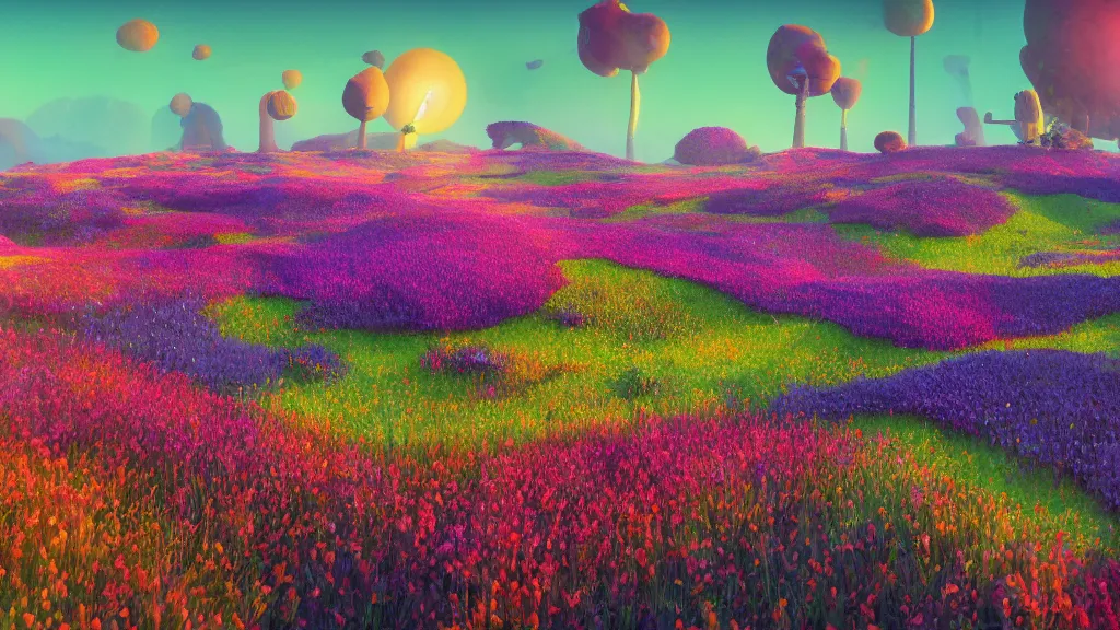 Prompt: first person perspective digital illustration of a field of vibrant wildflowers by industrial light and magic:1|colorful rolling hills of beautiful flowers, wide angle panoramic by beeple and Roger Dean, viewed from eye level:0.9|fantasy, cinematic:0.9|Unreal Engine, Octane, finalRender, devfiantArt, artstation, artstation HQ, behance, HD, 16k resolution:0.8