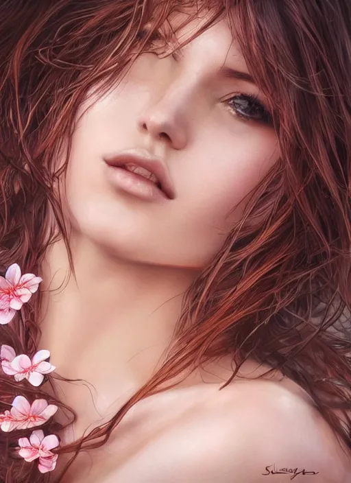 Image similar to photo of a gorgeous female with messy hair in the style of stefan kostic, realistic, body shot, sharp focus, 8 k high definition, insanely detailed, intricate, elegant, art by stanley lau and artgerm, cherry blossoms