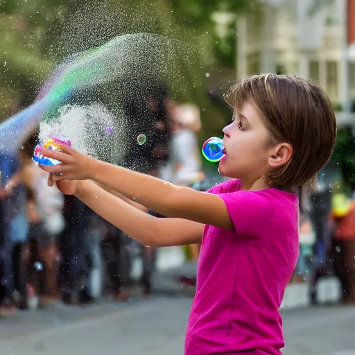 Prompt: A mom catching a girl blowing an enormous soap bubble, 8k