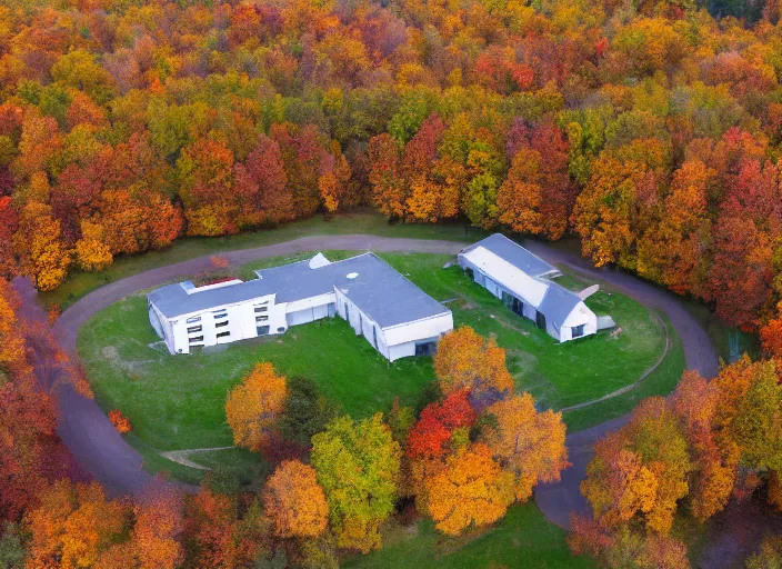 Image similar to low drone shot of a ranch style School campus in the middle of the Woods during autumn