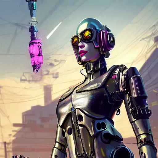 Image similar to highly detailed upper body portrait christina hendricks wearing shiny metallic pink plastic armor cyberpunk in gta v, stephen bliss, unreal engine, fantasy art by greg rutkowski, loish, rhads, ferdinand knab, makoto shinkai and lois van baarle, ilya kuvshinov, rossdraws, tom bagshaw, global illumination, radiant light, detailed and intricate environment