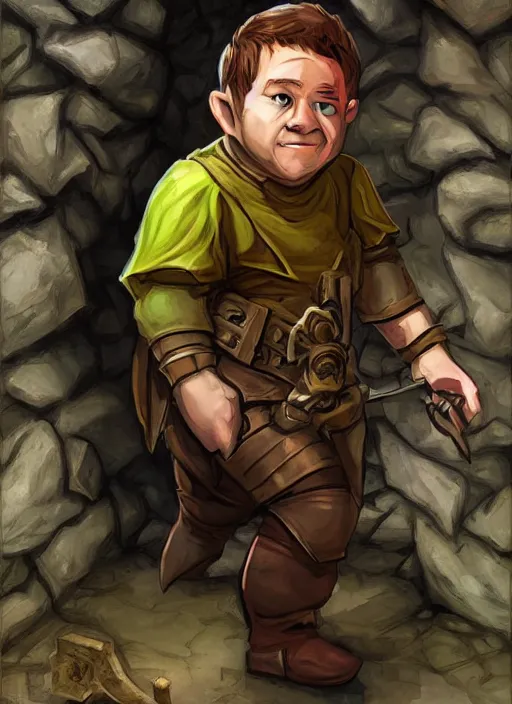 Image similar to A fantasy comic book roleplaying game style portrait painting of a halfling rogue sneaking in a cavern, DAZ, hyperrealistic, ambient light, dynamic light