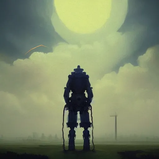 Image similar to a digital painting of a gigantic big enormous humanoid monster standing in the sky, concept art by simon stalenhag and peter mohrbacher cgsociety, vanitas, ominous, lovecraftian, speedpainting, apocalypse art. mist. unreal engine. hyper - realistic. photo realistic. octane render. detailed masterpiece. extreme wide shot. dutch tilt