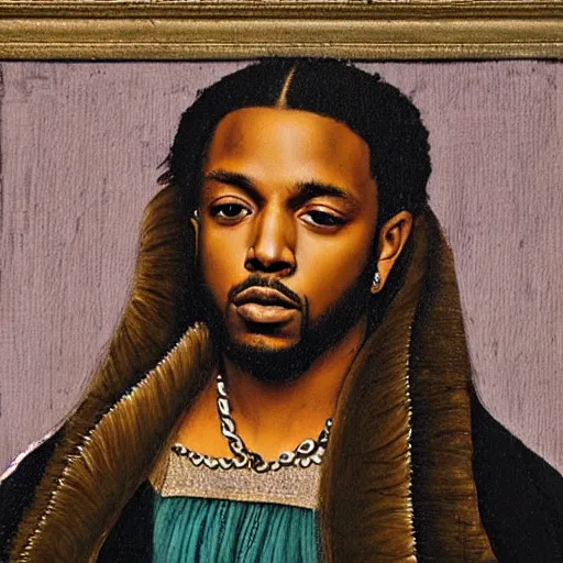 Image similar to a renaissance style portrait painting of kendrick lamar